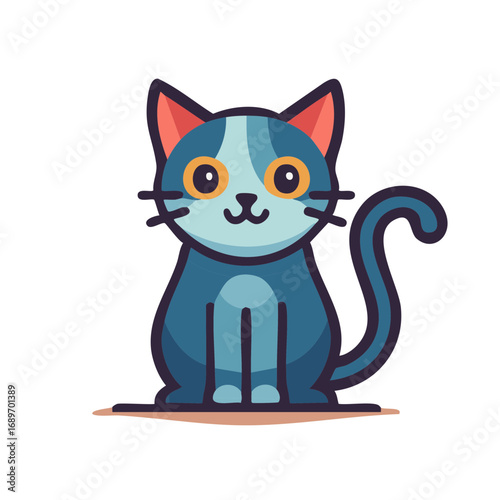 Cute friendly blue cartoon cat illustration sitting happy with a sweet smile