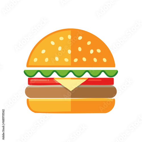 Stylized illustration of a classic hamburger with sesame seed bun lettuce tomato and cheese