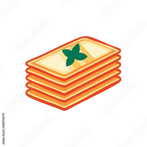 Appetizing layered lasagna pasta dish with fresh green basil leaf topping in isometric style