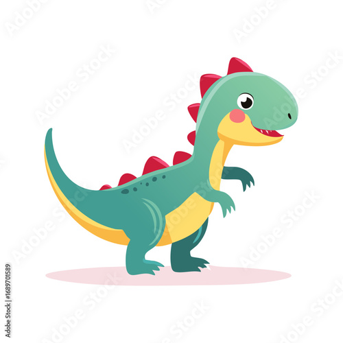 Cute cartoon dinosaur illustration smiling and looking towards the viewer.