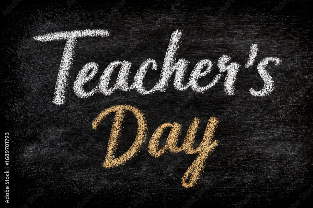 Fototapeta premium Clear white and golden chalk lettering spells Teacher's Day on a dark textured school blackboard. This expresses gratitude and appreciation for education.
