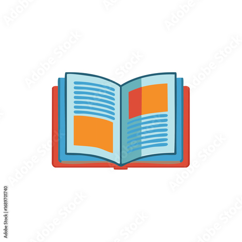 Open book with colorful pages and text illustration