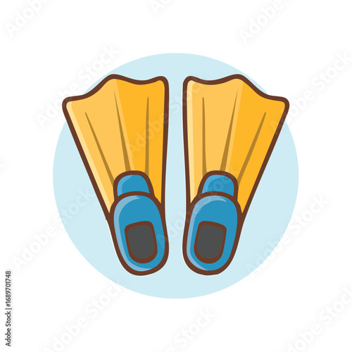 Cartoon illustration of yellow and blue scuba diving fins in circular frame