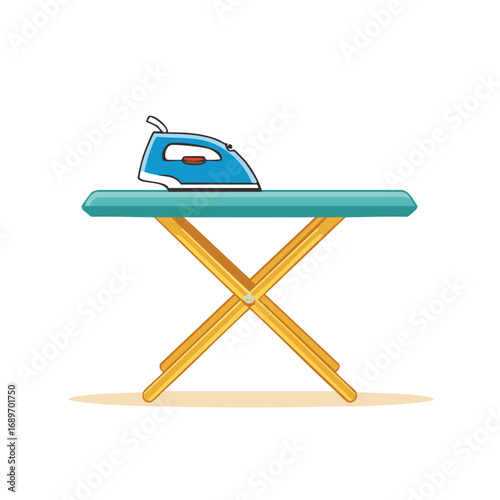 Blue electric iron on a teal ironing board household laundry equipment illustration