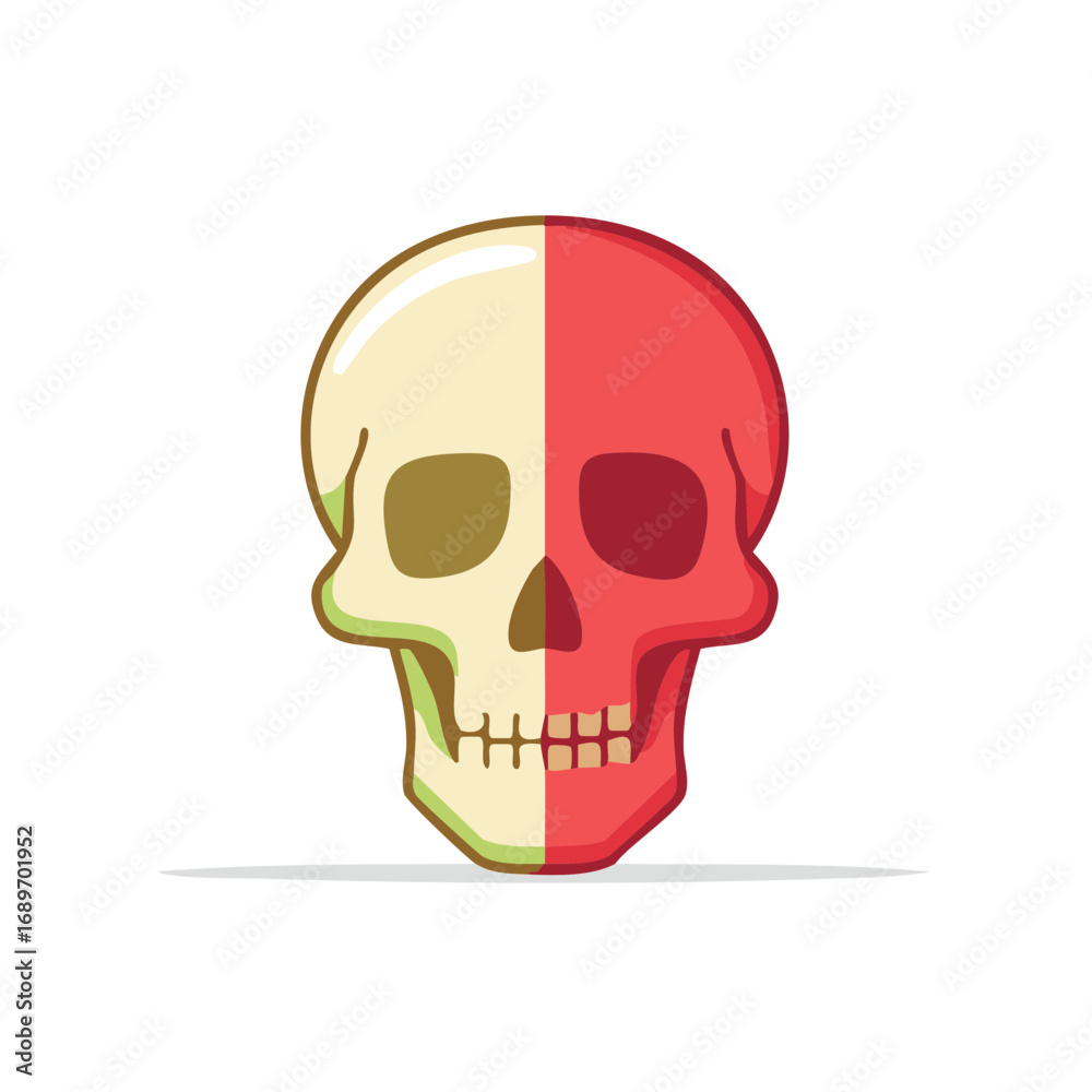 Obraz premium Stylized cartoon skull with vibrant red and light cream contrasting split color design element