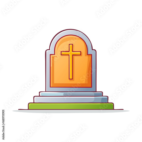 Stylized vector illustration of a tombstone with a golden cross religious symbol and green base