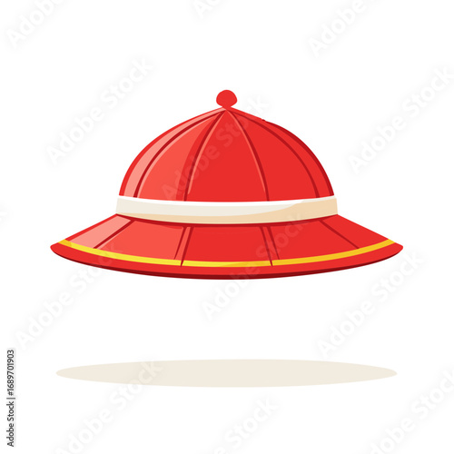 Traditional Chinese Red Ceremonial Hat with White and Yellow Trim
