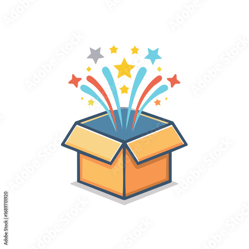 Surprise box with colorful celebration streamers and stars popping out with excitement