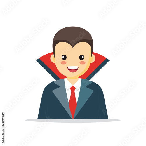 Delightful Halloween Vampire Flat Design Character in Suit with Red Neck Piece and Tie