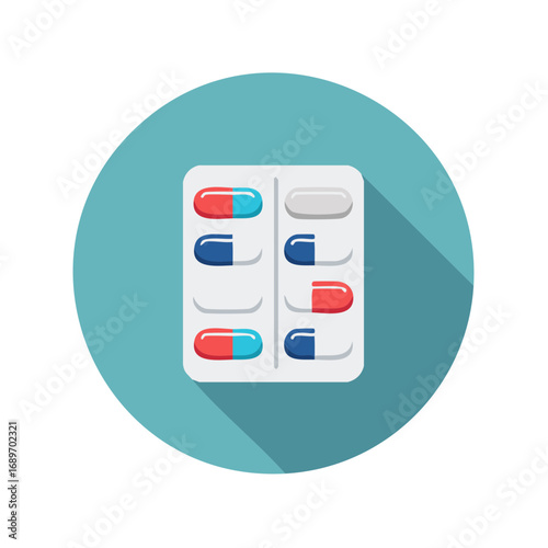 Pack of multicolor capsules in a blister pack flat design icon