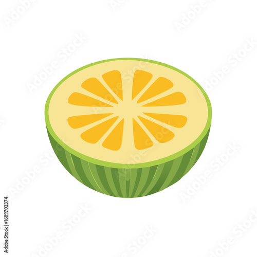 Green Citrus Fruit Slice with Yellow Pulp and White Background