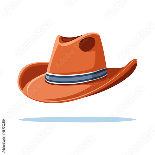 Classic orange cowboy hat with blue and grey band on white background