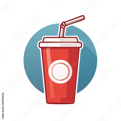 Bright Red Disposable Cup with Straw and Blue Circle Background