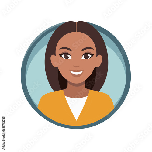 Illustrated Brunette Woman with Tan Skin and Yellow Cardigan in Circular Frame