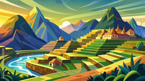 The Sacred Valley of the Incas in Peru reveals terraced fields, ancient temples, and Andean peaks, a harmony of nature and cultural ingenuity.