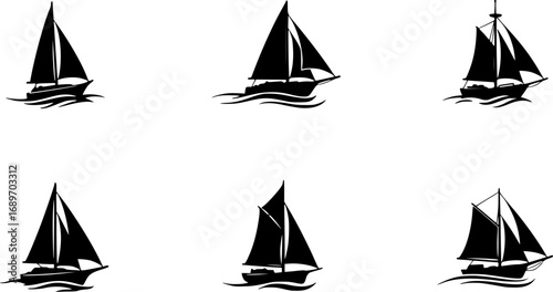 Sail boat logo silhouette vector design, sail boat logo icon silhouette, sailboat sailing ship logo vector illustration, sailboat and sailing ship vector silhouette logo design on white background	