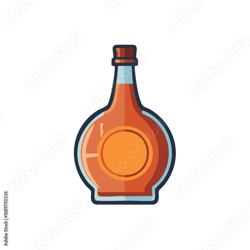 Illustrative flat design of a classic glass liquor bottle with orange liquid and a cork stopper