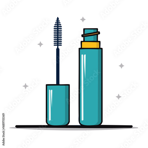 Teal cosmetic mascara tube and wand vector illustration of makeup accessory, beauty product for eyelashes