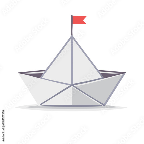 Paper boat with red flag, nautical origami style vector illustration for design, isolated.