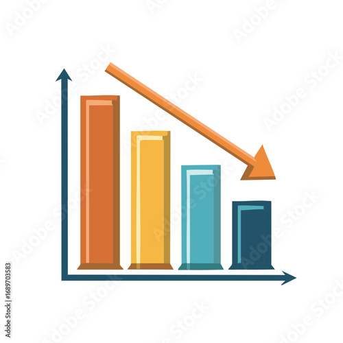 Decreasing bar chart with downward arrow illustrating a financial crisis and business decline