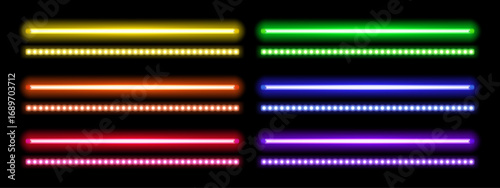 Realistic Glowing Neon Light Stripe Effect – Yellow, Orange, Red, Green, Blue, and Purple LED Tube Lamps for Party Borders, Casino Illumination, and Night Decorations
