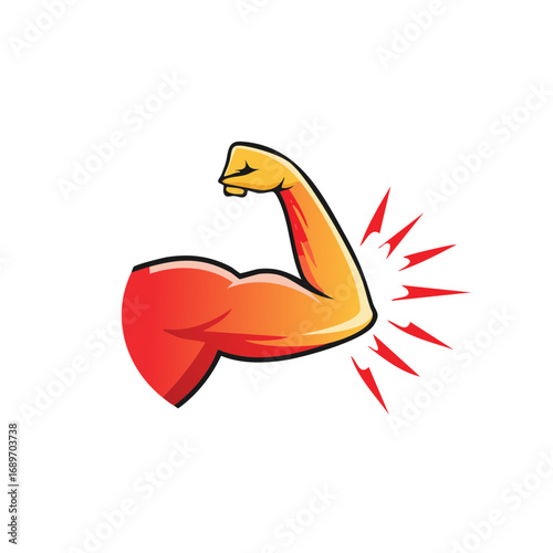 Strong muscular arm flexing bicep with red glow indicating elbow joint pain or sport injury