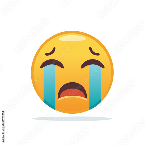Crying Emoji Face, Sad Expression, Tears Streaming Down, Yellow Color, Round Shape, Bad Mood, Flat Design