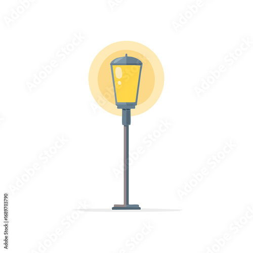 Illustrated street lamp, flat vector design, light post, yellow glow