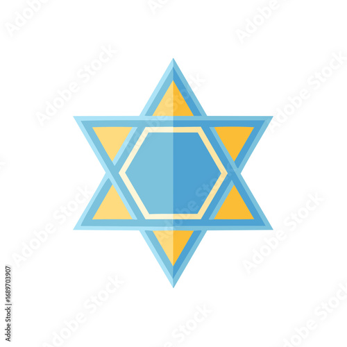 Stylized star of David featuring yellow and blue tones. Symbol for religious themes and graphic design elements.