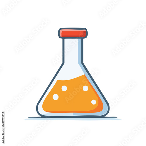 Science laboratory Erlenmeyer flask with bubbling orange chemical liquid cartoon vector illustration