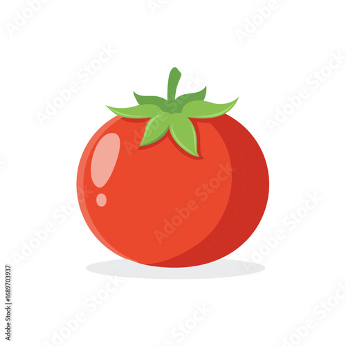 Cartoon illustration of a ripe red tomato with green leaves and stem, isolated on white
