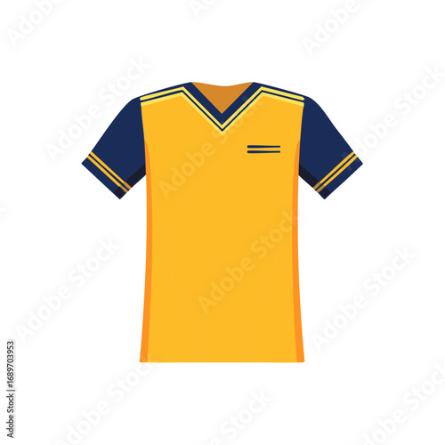 Vector illustration of a yellow and navy blue v-neck athletic sports team jersey