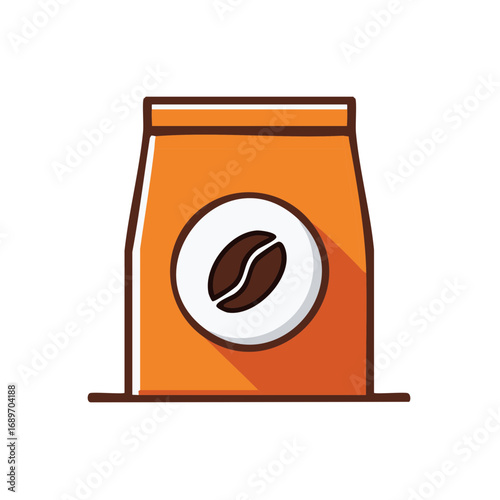 Flat design vector icon of an orange coffee bag with a coffee bean logo