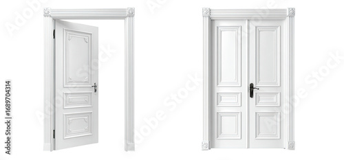 Two white, ornate doors, one single, one double, in a classic style
