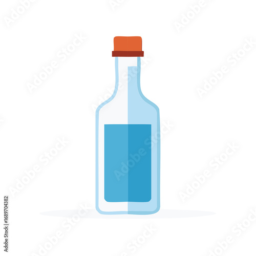 Transparent glass bottle filled with blue liquid and an orange cork stopper flat design vector art