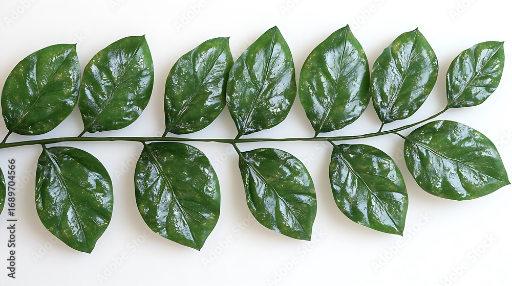 Obraz premium Single Branch with Twelve Glossy Green Leaves on a Photo White Background plant leaf