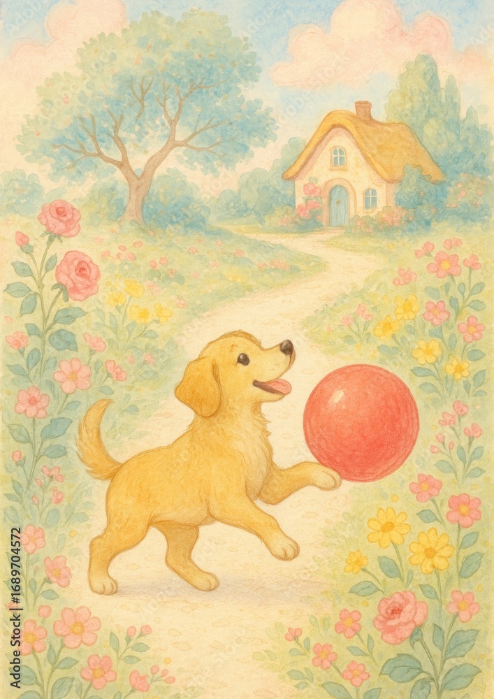Naklejka premium Playful puppy in floral garden