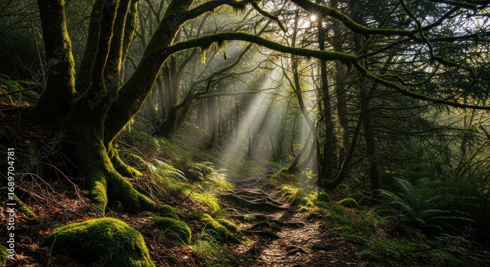 Obraz premium Sunbeams pierce through mossy trees along a forest path, creating a magical atmosphere