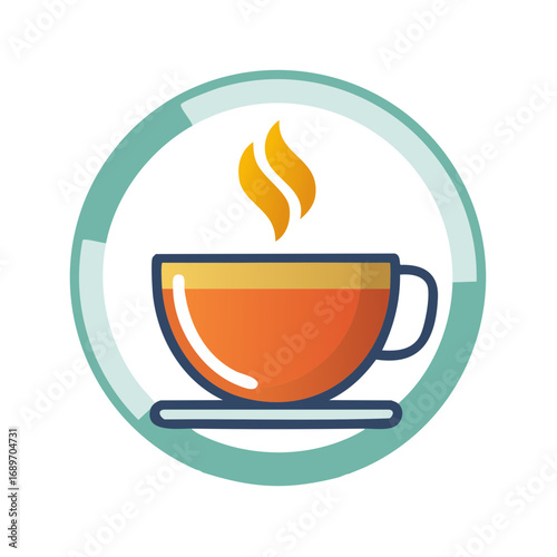 Illustration of a hot beverage in an orange mug with steam inside a circular emblem.