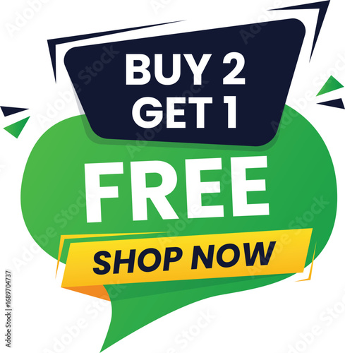 Buy 2 get 1 free sale banner design modern shopping discount template with bold text and colorful background for store retail shop e commerce promotion marketing offer