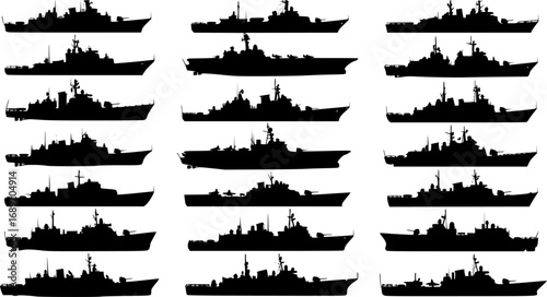Warship navy silhouettes set, large pack of vector silhouette design, isolated white background.	