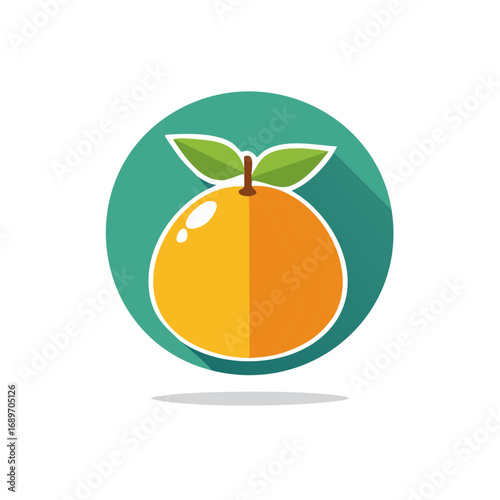 Vibrant Orange Fruit Icon with Green Circle Background and Fresh Leaves
