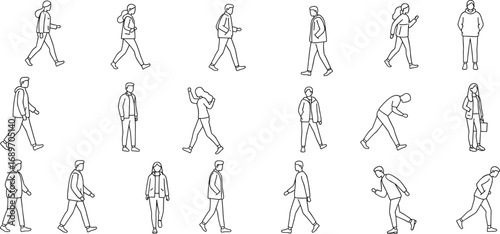 People walking outline vector set, walking poses illustration, casual man and woman outline, modern lifestyle motion, simple black line sketch people icons