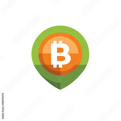 Bitcoin cryptocurrency symbol inside a green location marker indicates digital currency location