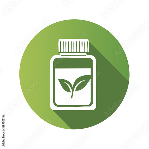Natural medicine or herbal supplement bottle with plant leaf symbol flat design icon