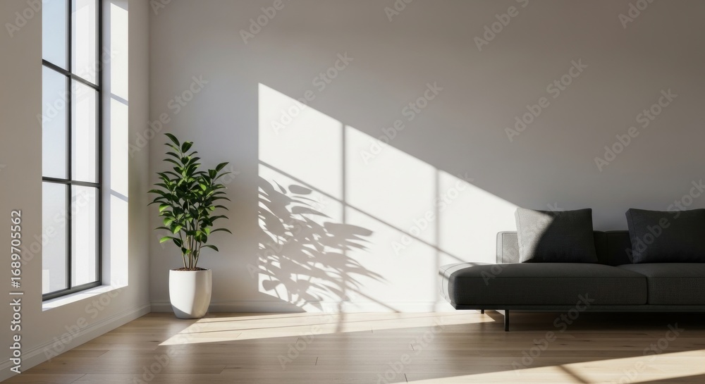Fototapeta premium Sunlit modern living room with potted plant casting shadows on the wall