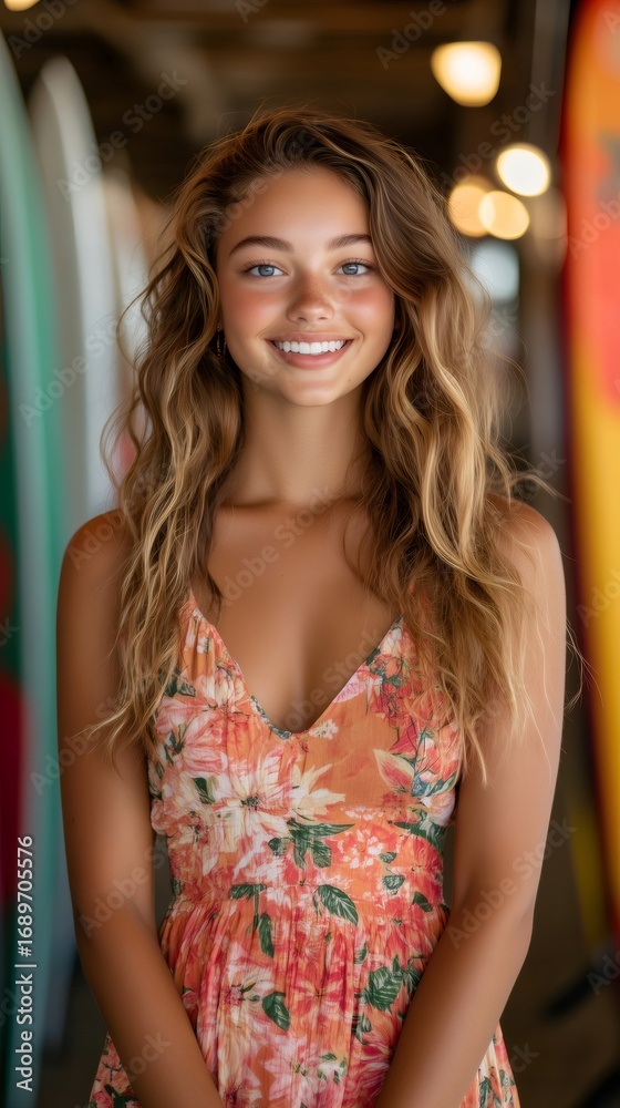 Fototapeta premium Beautiful surfer girl smiling in a surf shop