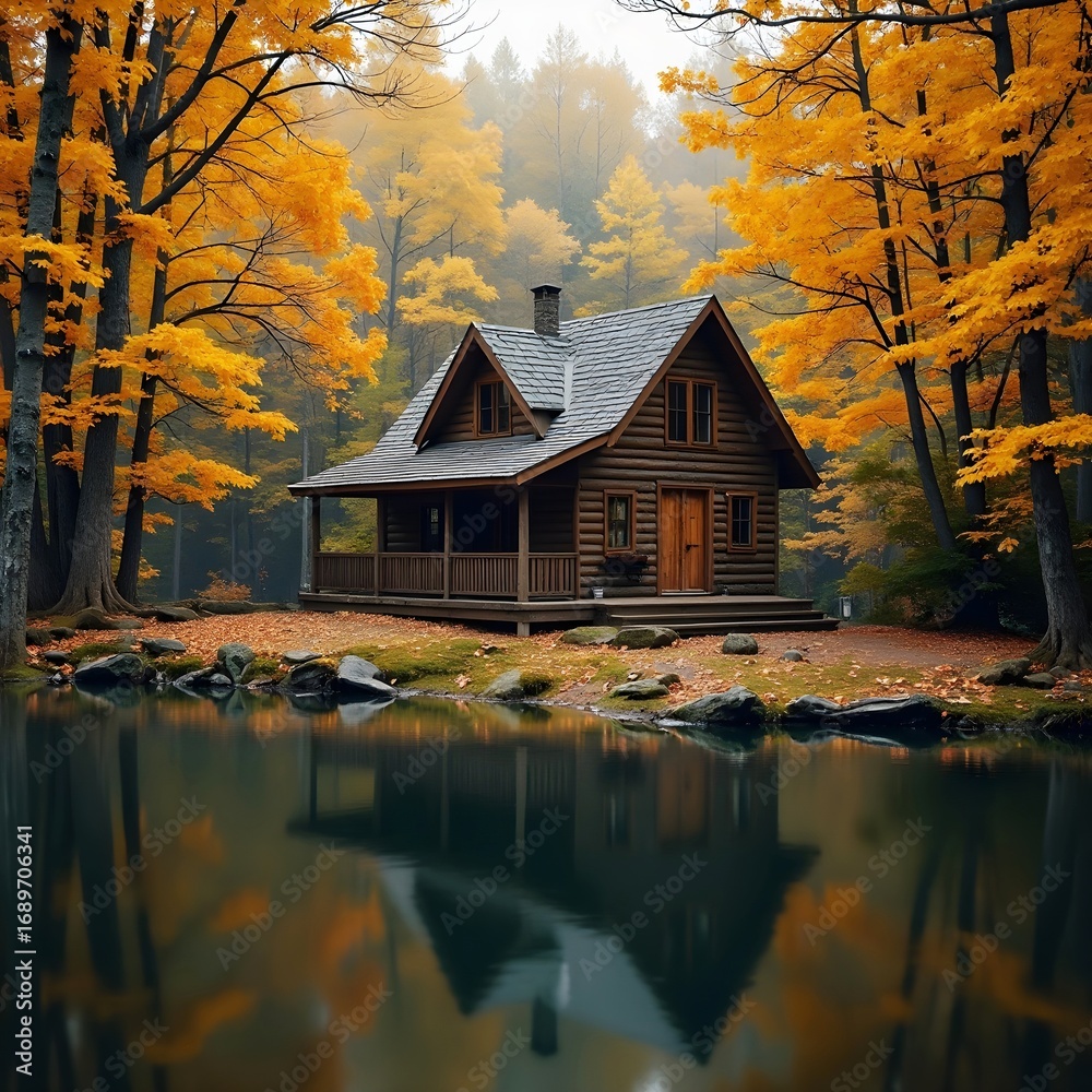 Obraz premium Beautiful autumn landscape. A small wooden cabin surrounded by golden trees beside a calm lake.