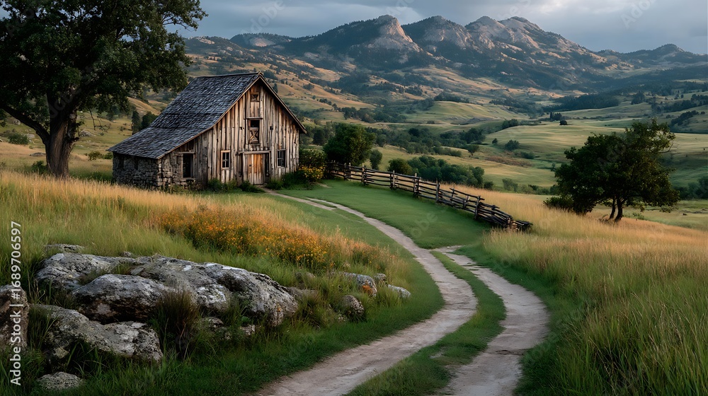 Fototapeta premium Old wooden barn along country path high resolution image
