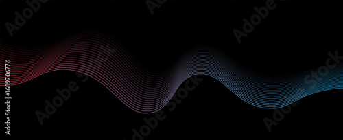 Dark abstract background with shining waves. Shiny moving lines design element. Modern red, blue gradient flowing wave lines. vector
